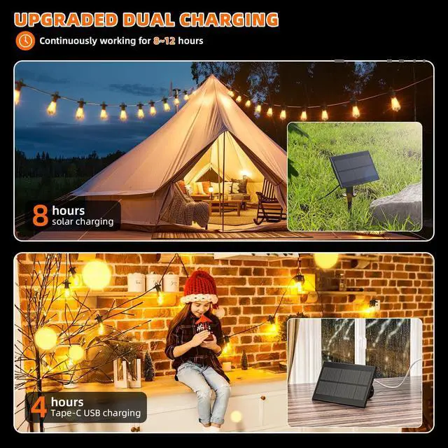 Alt view image 3 of 7 - Kawaya Solar Powered String Lights for Outside: 100 FT LED Outdoor Patio Lights with USB-Charging - IP65 Waterproof Hanging Light - 50+2 Shatterproof Edison Bulbs for Bistro Cafe Camp Yard Balcony