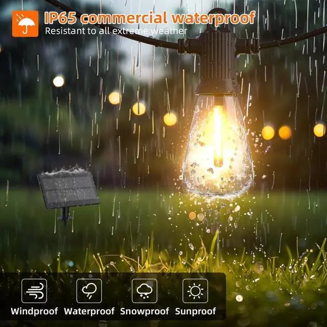 Alt view image 4 of 7 - Kawaya Solar Powered String Lights for Outside: 100 FT LED Outdoor Patio Lights with USB-Charging - IP65 Waterproof Hanging Light - 50+2 Shatterproof Edison Bulbs for Bistro Cafe Camp Yard Balcony