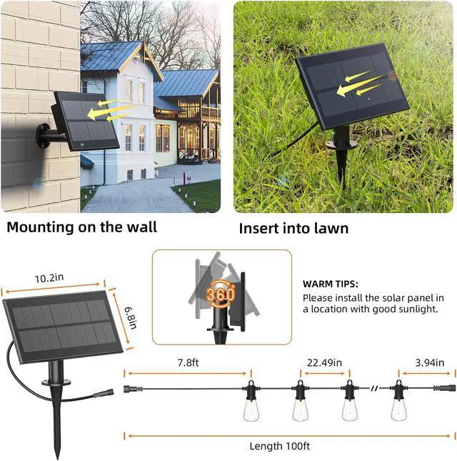 Alt view image 5 of 7 - Kawaya Solar Powered String Lights for Outside: 100 FT LED Outdoor Patio Lights with USB-Charging - IP65 Waterproof Hanging Light - 50+2 Shatterproof Edison Bulbs for Bistro Cafe Camp Yard Balcony