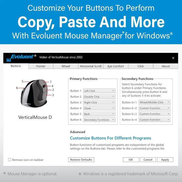 Alt view image 7 of 7 - Evoluent  Inventor of The Vertical Mouse  VMDS Ergonomic Vertical Mouse Right Hand Small Wired USB, Sculpted for Comfort, Reduces Wrist Strain, 4 Speeds, 6 Customizable Buttons in Windows