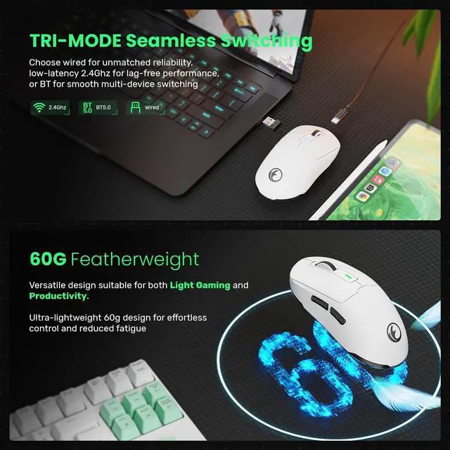 Alt view image 3 of 7 - G59 2.4G/BT/Wired Wireless Gaming Mouse Rechargeable USB Type-C Wireless Game Mouse 6 Adjustable DPI Max 8000 DPI 60g Lightweight 6 Programmable Buttons PC Computer Laptop Win 11 10 Mac