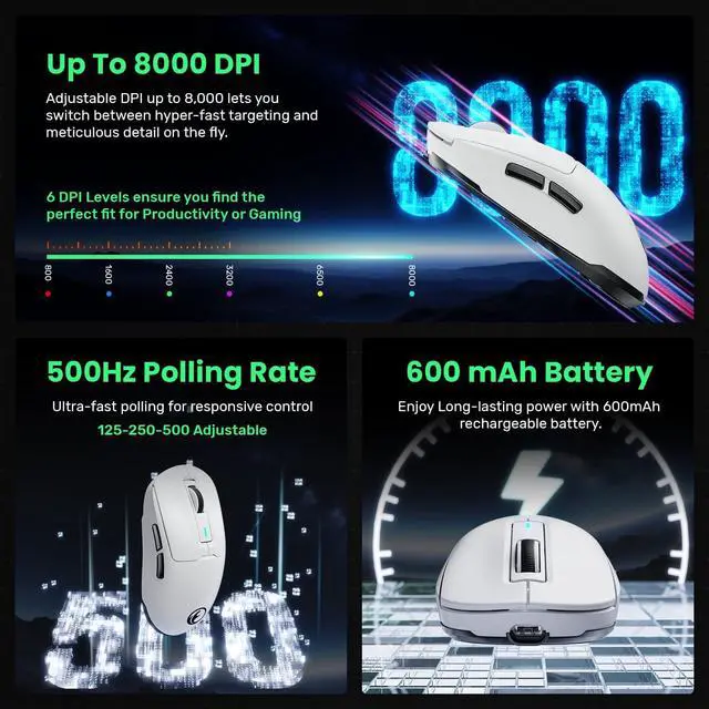 Alt view image 5 of 7 - G59 2.4G/BT/Wired Wireless Gaming Mouse Rechargeable USB Type-C Wireless Game Mouse 6 Adjustable DPI Max 8000 DPI 60g Lightweight 6 Programmable Buttons PC Computer Laptop Win 11 10 Mac