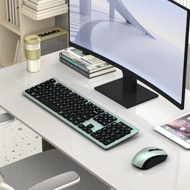 Alt view image 2 of 6 - Wireless Keyboard and Mouse Combo, COVEVA 2.4GHz Wireless Keyboard Mouse with USB Receiver, Water-Dropping Keycaps, 104 Keys Full Size with Number Pad for PC Laptop Computer Desktop(Black Green)