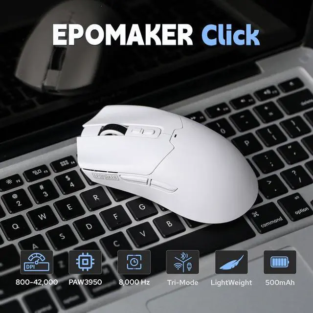 Alt view image 5 of 7 - EPOMAKER Click Gaming Mouse Wireless 2.4Ghz/Bluetooth/Type-C, 800 to 42,000 DPI Adjustable, 8K Polling Rate, 500mAh, Lightweight Optical Mouse, for PC/Mac/Linux (White)