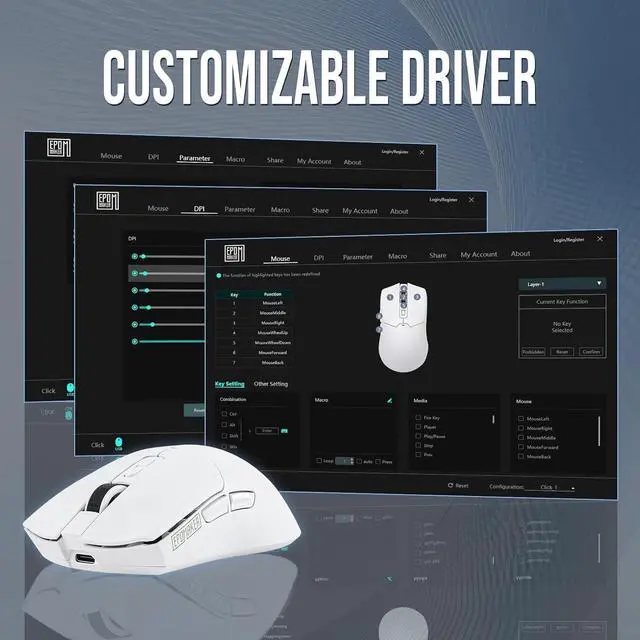 Alt view image 6 of 7 - EPOMAKER Click Gaming Mouse Wireless 2.4Ghz/Bluetooth/Type-C, 800 to 42,000 DPI Adjustable, 8K Polling Rate, 500mAh, Lightweight Optical Mouse, for PC/Mac/Linux (White)