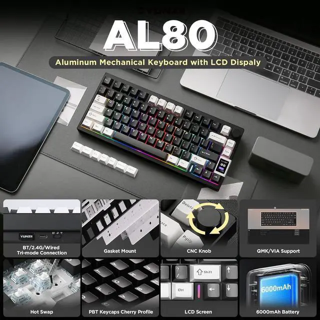Alt view image 2 of 7 - YUNZII AL80 Wireless Mechanical Keyboard,Full Aluminum CNC, Smart LCD Display,Hot Swappable Gasket Mount 75% Layout with Knob,BT/2.4G/USB-C,QMK/VIA Support for Win/Mac (Black, Cocoa Cream V2 Switch)