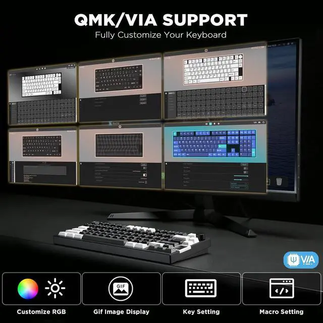 Alt view image 3 of 7 - YUNZII AL80 Wireless Mechanical Keyboard,Full Aluminum CNC, Smart LCD Display,Hot Swappable Gasket Mount 75% Layout with Knob,BT/2.4G/USB-C,QMK/VIA Support for Win/Mac (Black, Cocoa Cream V2 Switch)