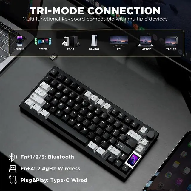 Alt view image 4 of 7 - YUNZII AL80 Wireless Mechanical Keyboard,Full Aluminum CNC, Smart LCD Display,Hot Swappable Gasket Mount 75% Layout with Knob,BT/2.4G/USB-C,QMK/VIA Support for Win/Mac (Black, Cocoa Cream V2 Switch)
