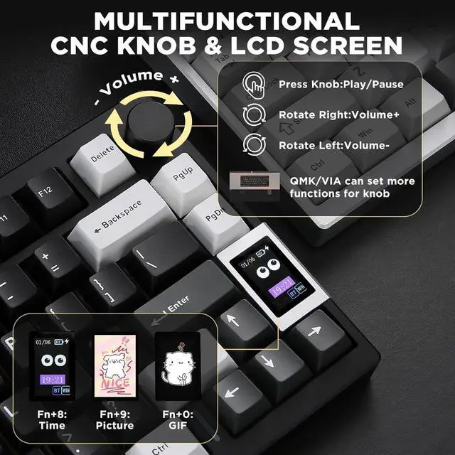 Alt view image 7 of 7 - YUNZII AL80 Wireless Mechanical Keyboard,Full Aluminum CNC, Smart LCD Display,Hot Swappable Gasket Mount 75% Layout with Knob,BT/2.4G/USB-C,QMK/VIA Support for Win/Mac (Black, Cocoa Cream V2 Switch)