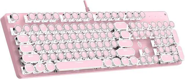 Main image of Typewriter Mechanical Gaming Keyboard with White Light Backlit Red Switches, 104 Keys Retro Round Keycap, Wired Typewriter Style Comfortable Typing Soud (Pink LED)