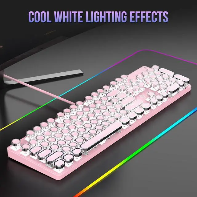 Alt view image 2 of 7 - Typewriter Mechanical Gaming Keyboard with White Light Backlit Red Switches, 104 Keys Retro Round Keycap, Wired Typewriter Style Comfortable Typing Soud (Pink LED)