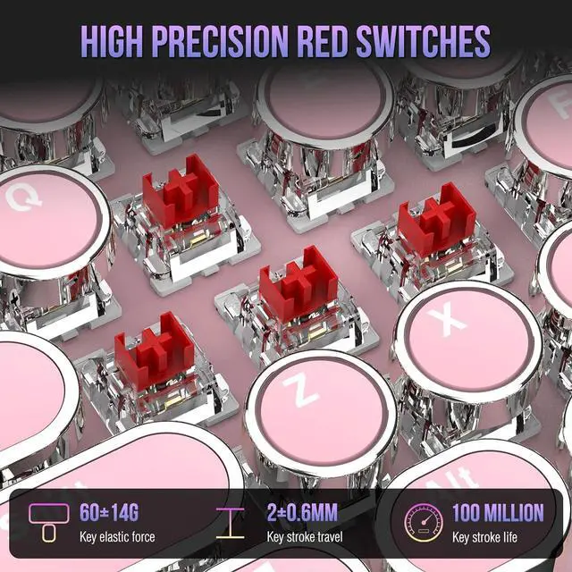 Alt view image 3 of 7 - Typewriter Mechanical Gaming Keyboard with White Light Backlit Red Switches, 104 Keys Retro Round Keycap, Wired Typewriter Style Comfortable Typing Soud (Pink LED)