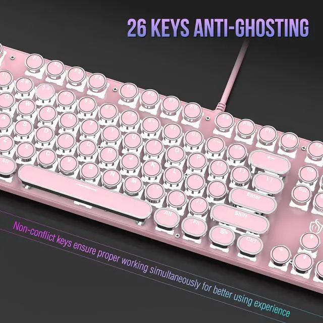 Alt view image 4 of 7 - Typewriter Mechanical Gaming Keyboard with White Light Backlit Red Switches, 104 Keys Retro Round Keycap, Wired Typewriter Style Comfortable Typing Soud (Pink LED)