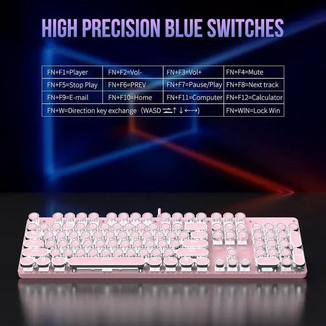 Alt view image 5 of 7 - Typewriter Mechanical Gaming Keyboard with White Light Backlit Red Switches, 104 Keys Retro Round Keycap, Wired Typewriter Style Comfortable Typing Soud (Pink LED)