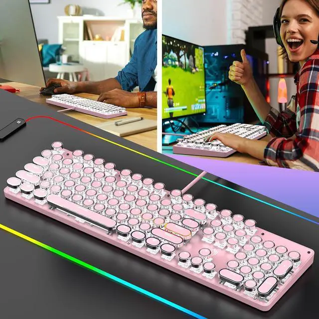 Alt view image 7 of 7 - Typewriter Mechanical Gaming Keyboard with White Light Backlit Red Switches, 104 Keys Retro Round Keycap, Wired Typewriter Style Comfortable Typing Soud (Pink LED)