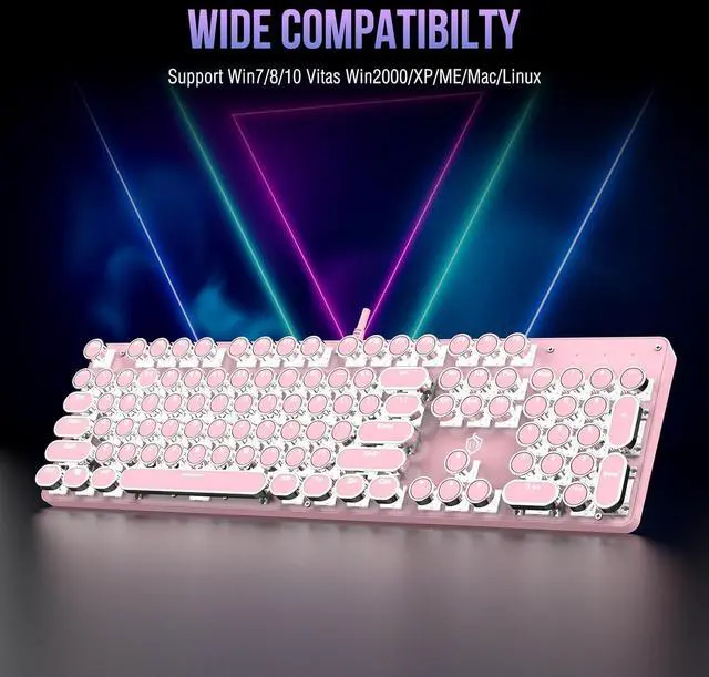 Alt view image 6 of 7 - Typewriter Mechanical Gaming Keyboard with White Light Backlit Red Switches, 104 Keys Retro Round Keycap, Wired Typewriter Style Comfortable Typing Soud (Pink LED)