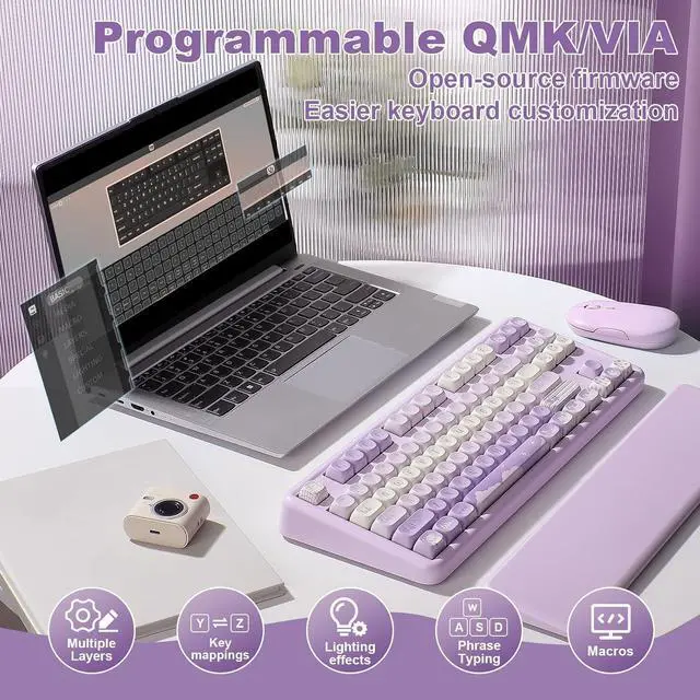 Alt view image 3 of 7 - YUNZII B87 Wireless Mechanical Keyboard,QMK/VIA Programmable,TKL Layout 87 Keys,BT/2.4G/USB-C,Hot Swap Gasket Mount RGB Backlit Gaming with Wrist Rest for Win/Mac(Purple, Cocoa Cream V2)
