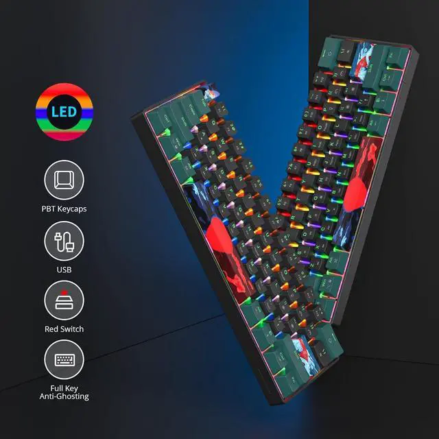 Alt view image 5 of 7 - 60 Percent Gaming Keyboard 61 Keys Mechanical Keyboard Rainbow Backlit Ultra Compact Wird Keyboard with Red Switches for Win Ps4/5 Xbox(61 Green)