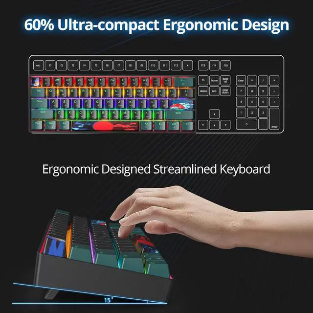 Alt view image 4 of 7 - 60 Percent Gaming Keyboard 61 Keys Mechanical Keyboard Rainbow Backlit Ultra Compact Wird Keyboard with Red Switches for Win Ps4/5 Xbox(61 Green)