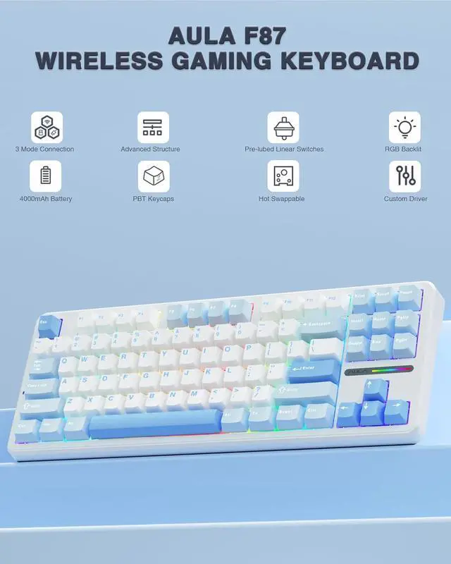 Alt view image 2 of 7 - AULA F87 Wireless Mechanical Keyboard, 75% TKL Custom Hot Swappable Gaming Keyboards with PBT Keycaps, Pre-lubed Greywood Switches, RGB Backlit Creamy Keyboard, 2.4GHz/USB-C/BT5.0