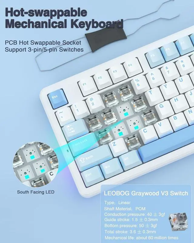 Alt view image 5 of 7 - AULA F87 Wireless Mechanical Keyboard, 75% TKL Custom Hot Swappable Gaming Keyboards with PBT Keycaps, Pre-lubed Greywood Switches, RGB Backlit Creamy Keyboard, 2.4GHz/USB-C/BT5.0