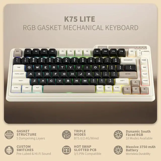 Alt view image 2 of 7 - K75 Lite Wireless Mechanical Keyboard, 75% Gasket Mount RGB Gaming Keyboard w/ 3-Mode Knob BT 5.0/2.4G/USB-C Wired, Hot Swappable, 5-Layer Padding & Creamy Linear Switches, Compact 82 Keys