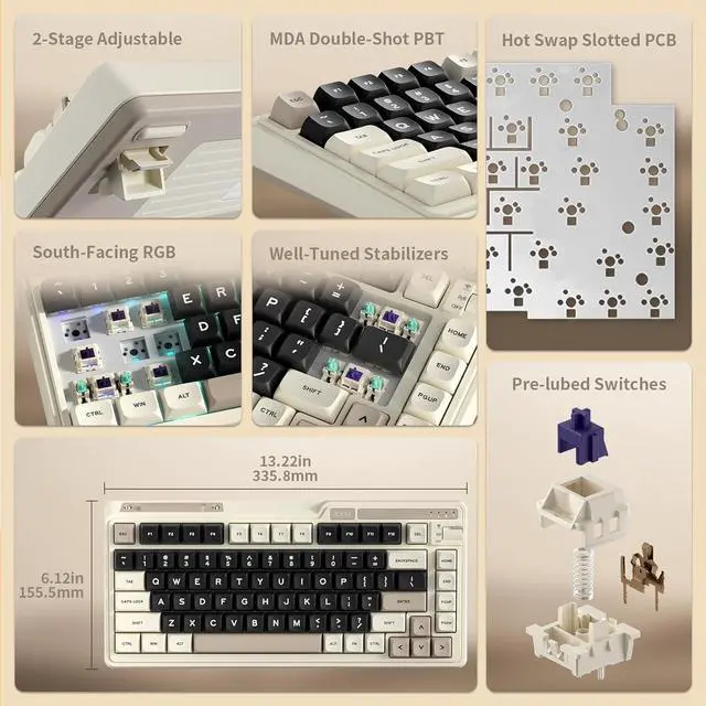Alt view image 4 of 7 - K75 Lite Wireless Mechanical Keyboard, 75% Gasket Mount RGB Gaming Keyboard w/ 3-Mode Knob BT 5.0/2.4G/USB-C Wired, Hot Swappable, 5-Layer Padding & Creamy Linear Switches, Compact 82 Keys