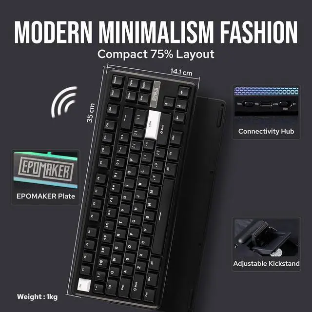 Alt view image 7 of 7 - EPOMAKER TH85 QMK/VIA Wireless Gaming Keyboard, BT5.0/2.4GHz/USB-C, Hot Swappable Pre-lubed Custom Creamy Jade Linear Switches, Gasket Creamy Keyboard for PC/Mac/Office/Gaming (Black)