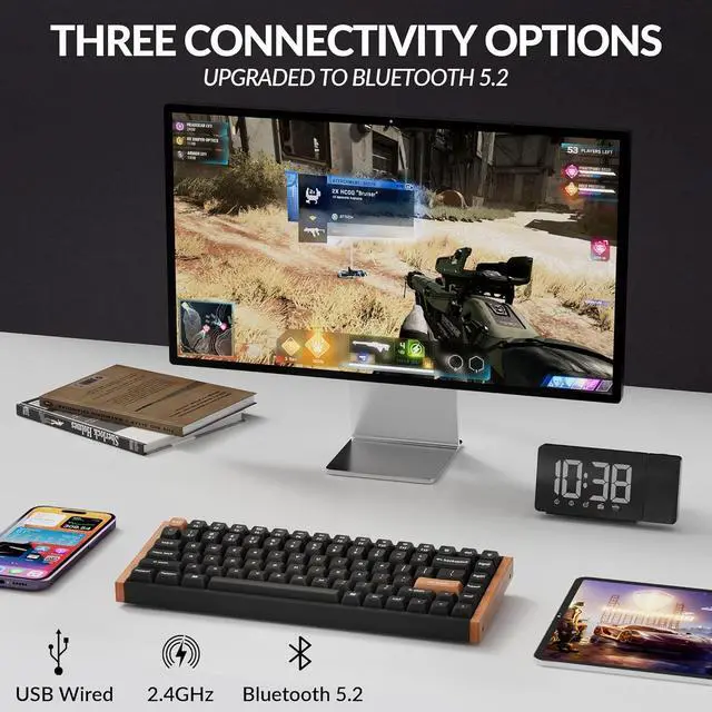 Alt view image 2 of 7 - Keychron K2 HE Rapid Trigger Wireless Custom Mechanical Keyboard with Hall Effect Gateron Double-Rail Magnetic Switch, QMK 2.4 GHz Bluetooth 5.2 RGB Compatible with Mac Windows Linux (Aluminum + Wood)