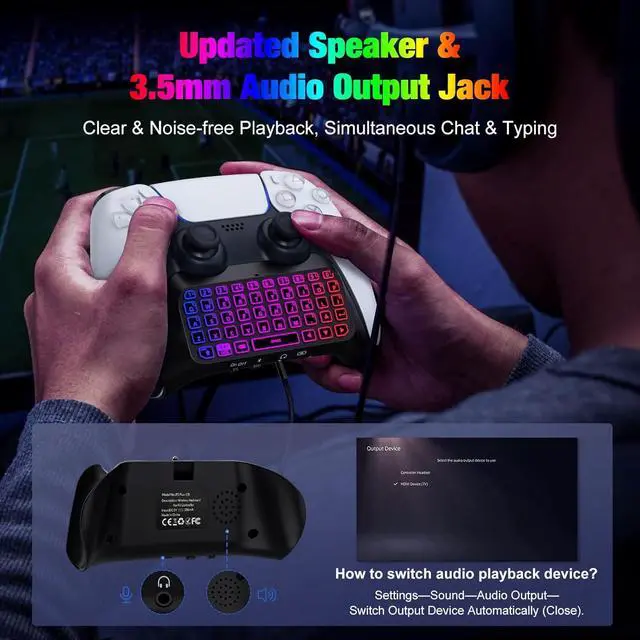 Alt view image 4 of 7 - MoKo RGB Backlight Keyboard for PS5 Controller, Bluetooth Wireless Mini Gamepad Chatpad for PlayStation 5 with Upgraded Built-in Speaker & 3.5mm Audio Jack for PS5 Controller Accessories