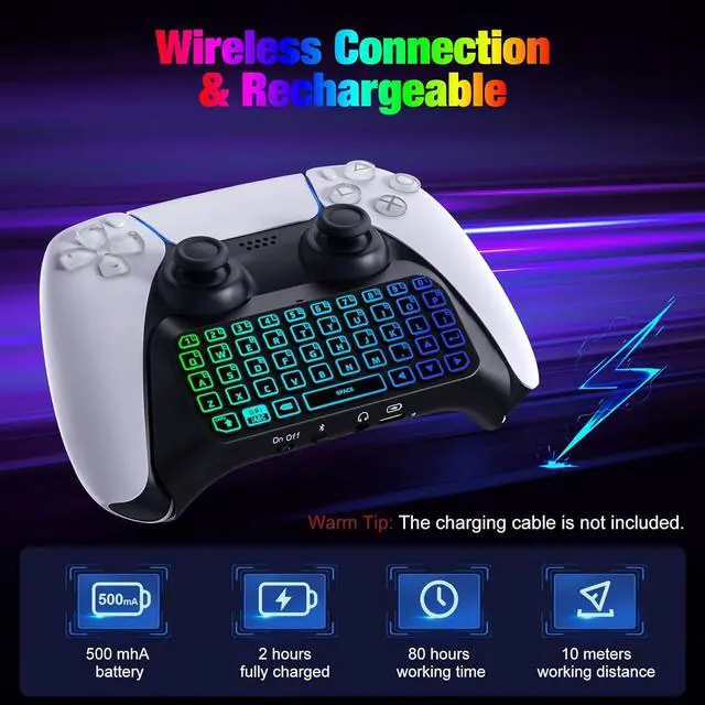 Alt view image 6 of 7 - MoKo RGB Backlight Keyboard for PS5 Controller, Bluetooth Wireless Mini Gamepad Chatpad for PlayStation 5 with Upgraded Built-in Speaker & 3.5mm Audio Jack for PS5 Controller Accessories