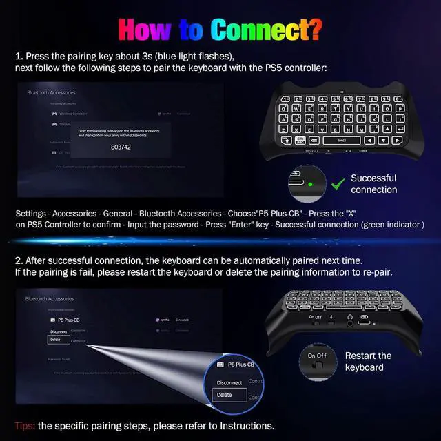 Alt view image 7 of 7 - MoKo RGB Backlight Keyboard for PS5 Controller, Bluetooth Wireless Mini Gamepad Chatpad for PlayStation 5 with Upgraded Built-in Speaker & 3.5mm Audio Jack for PS5 Controller Accessories