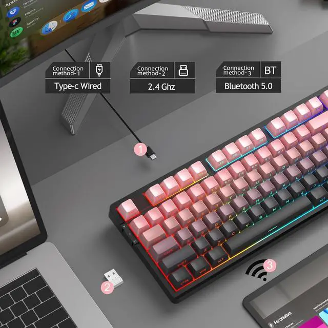 Alt view image 2 of 7 - MageGee LIGHT87 Wireless Creamy Keyboard, Gasket Structure, RGB Backlit, 2.4G/USB-C/BT5.0 Hot Swappable Mechanical Gaming Keyboard for Win/Mac/PC, 8000mAh Battery, Side Printed PBT Keycaps, Pink