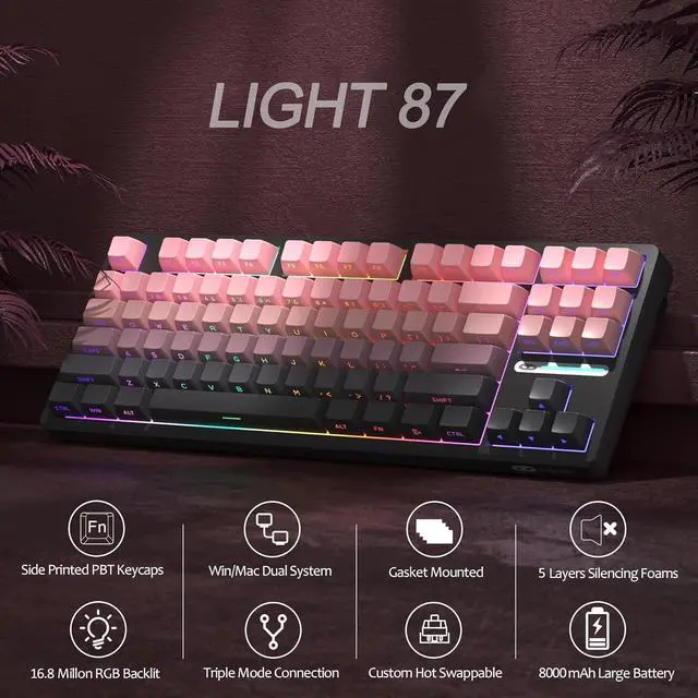 Alt view image 3 of 7 - MageGee LIGHT87 Wireless Creamy Keyboard, Gasket Structure, RGB Backlit, 2.4G/USB-C/BT5.0 Hot Swappable Mechanical Gaming Keyboard for Win/Mac/PC, 8000mAh Battery, Side Printed PBT Keycaps, Pink