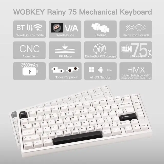 Alt view image 2 of 6 - KEEBMONKEY WOBKEY Rainy 75 CNC Aluminum HMX/JWK/Cocoa Switches Triple-Mode Connectivity Mechanical Keyboard with Superior Acoustics, No RGB/PP/Mirrored Glass/3500mAh/Violet Switch (Lite - Silver)