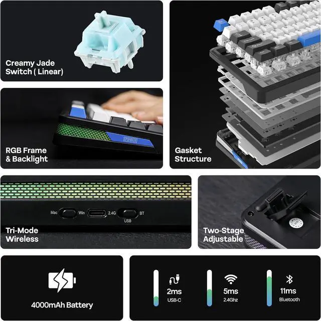 Alt view image 2 of 7 - EPOMAKER TH85 QMK/VIA Wireless Gaming Keyboard, BT5.0/2.4GHz/USB-C, Hot Swappable Pre-lubed Custom Creamy Jade Linear Switches, Gasket Creamy Keyboard for PC/Mac/Office/Gaming (Black&White&Blue)