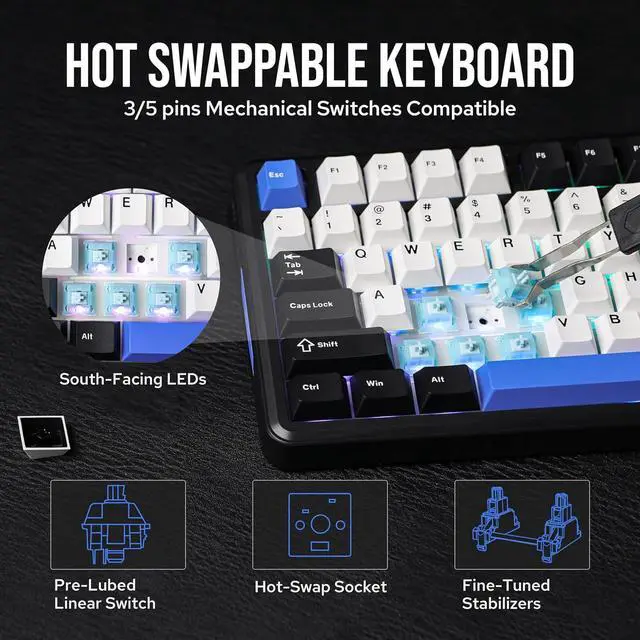 Alt view image 4 of 7 - EPOMAKER TH85 QMK/VIA Wireless Gaming Keyboard, BT5.0/2.4GHz/USB-C, Hot Swappable Pre-lubed Custom Creamy Jade Linear Switches, Gasket Creamy Keyboard for PC/Mac/Office/Gaming (Black&White&Blue)