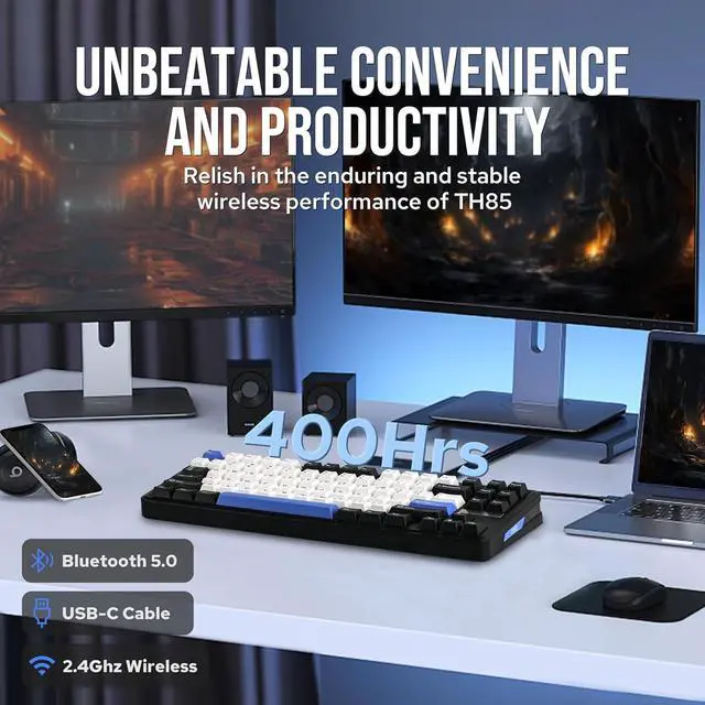 Alt view image 5 of 7 - EPOMAKER TH85 QMK/VIA Wireless Gaming Keyboard, BT5.0/2.4GHz/USB-C, Hot Swappable Pre-lubed Custom Creamy Jade Linear Switches, Gasket Creamy Keyboard for PC/Mac/Office/Gaming (Black&White&Blue)