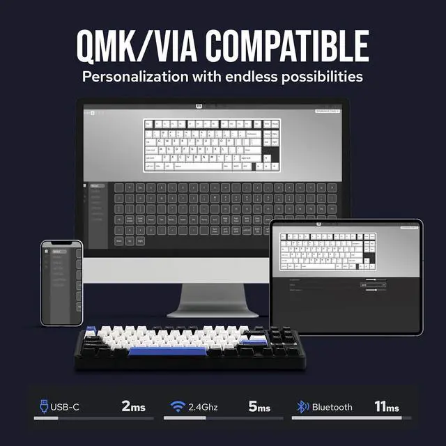 Alt view image 6 of 7 - EPOMAKER TH85 QMK/VIA Wireless Gaming Keyboard, BT5.0/2.4GHz/USB-C, Hot Swappable Pre-lubed Custom Creamy Jade Linear Switches, Gasket Creamy Keyboard for PC/Mac/Office/Gaming (Black&White&Blue)