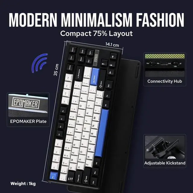Alt view image 7 of 7 - EPOMAKER TH85 QMK/VIA Wireless Gaming Keyboard, BT5.0/2.4GHz/USB-C, Hot Swappable Pre-lubed Custom Creamy Jade Linear Switches, Gasket Creamy Keyboard for PC/Mac/Office/Gaming (Black&White&Blue)