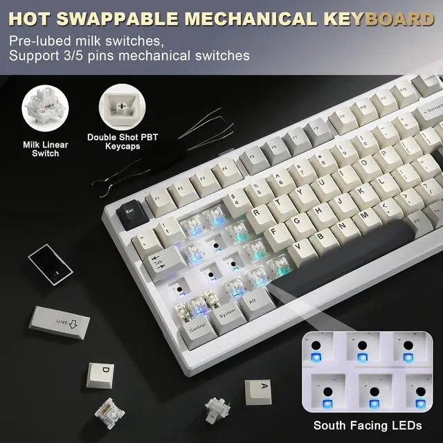 Alt view image 3 of 7 - YUNZII YZ98 Gasket Mechanical Keyboard,99 Key Hot Swappable BT5.0/2.4G/USB-C Wireless NKRO 98% 1800 Layout with RGB LED Backlit for Linux/Win/Mac(Milk Switch, White)