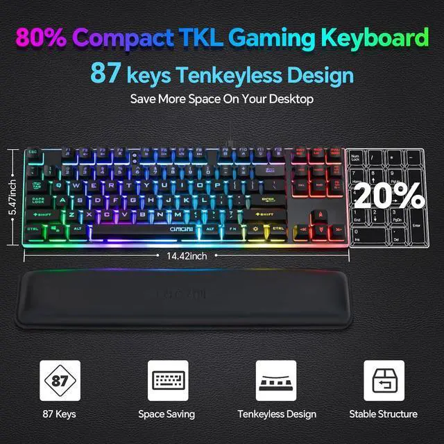 Alt view image 2 of 7 - CHONCHOW 87 Keys TKL Wired Gaming Keyboard with Wrist Rest, Detachable USB-C Cable, RGB Backlight, Full Metal Panel Keyboard Compatible with PC Laptop Mac Xbox Ps4 Ps5