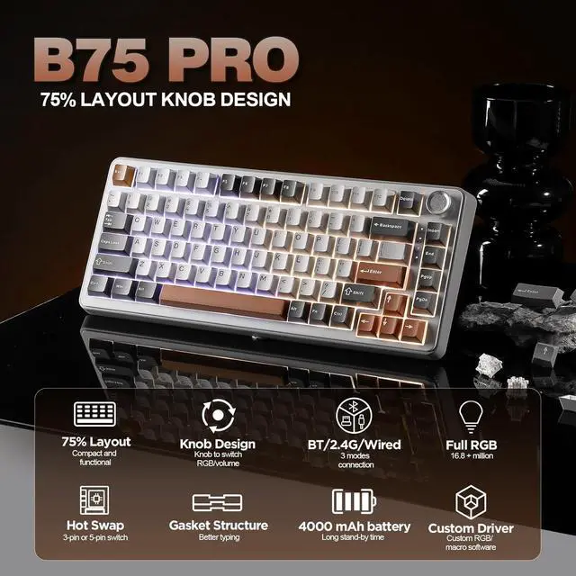 Alt view image 2 of 7 - YUNZII B75 PRO Wireless Mechanical Keyboard,75% Layout with Knob,Hot Swap Gasket Custom Structure,Creamy Pre-lubed Switches,RGB Backlit,Bluetooth/Type-C/2.4G for Win/Mac(Milk Switch,Grey)