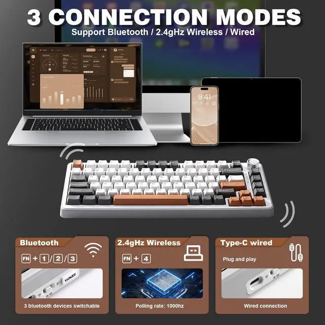 Alt view image 3 of 7 - YUNZII B75 PRO Wireless Mechanical Keyboard,75% Layout with Knob,Hot Swap Gasket Custom Structure,Creamy Pre-lubed Switches,RGB Backlit,Bluetooth/Type-C/2.4G for Win/Mac(Milk Switch,Grey)