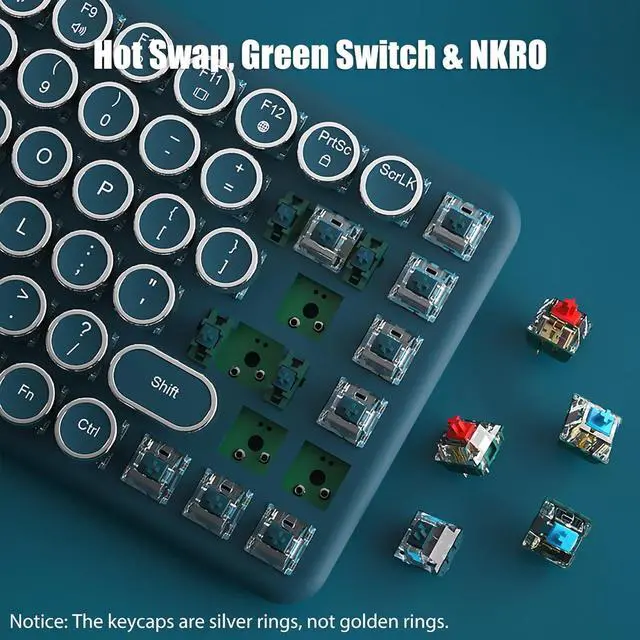 Alt view image 4 of 7 - Typewriter Keyboard Wireless 2.4GHz/Bluetooth/USB-C Wired Mechanical Gaming Keyboard Warm White LED Backlit 84-Key NKRO Hot Swappable Green Switches Retro Round Keycaps for Multi-Device