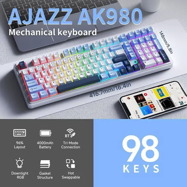 Alt view image 2 of 6 - NACODEX Ajazz AK980 Blue White Wireless Mechanical Gaming Keyboard,Tri-Mode BT5.0/2.4GHz/USB-C Hot Swappable RGB Backlit Computer Gaming Keyboards for PC/Tablet/PS/Xbox