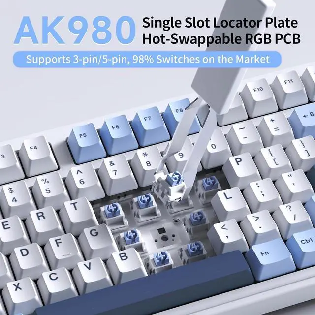Alt view image 3 of 6 - NACODEX Ajazz AK980 Blue White Wireless Mechanical Gaming Keyboard,Tri-Mode BT5.0/2.4GHz/USB-C Hot Swappable RGB Backlit Computer Gaming Keyboards for PC/Tablet/PS/Xbox