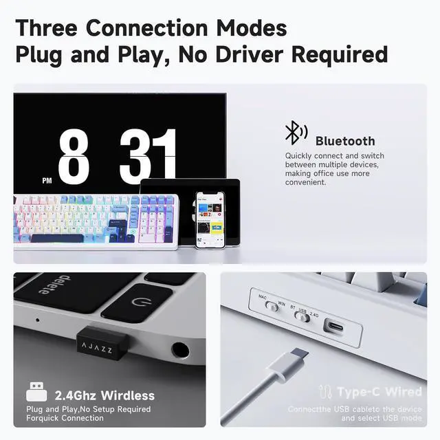 Alt view image 5 of 6 - NACODEX Ajazz AK980 Blue White Wireless Mechanical Gaming Keyboard,Tri-Mode BT5.0/2.4GHz/USB-C Hot Swappable RGB Backlit Computer Gaming Keyboards for PC/Tablet/PS/Xbox