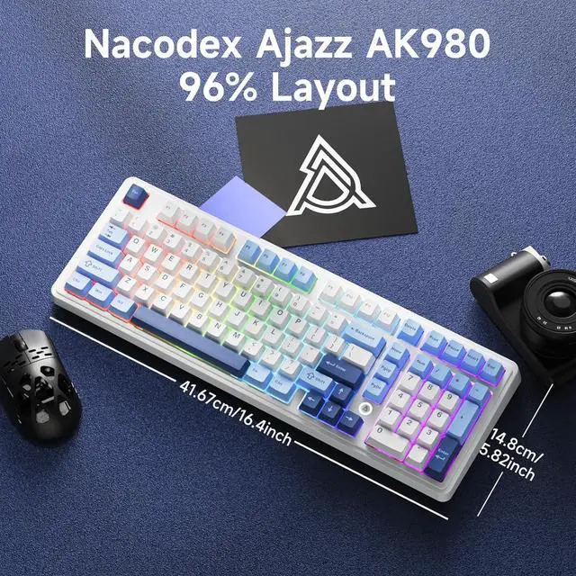 Alt view image 6 of 6 - NACODEX Ajazz AK980 Blue White Wireless Mechanical Gaming Keyboard,Tri-Mode BT5.0/2.4GHz/USB-C Hot Swappable RGB Backlit Computer Gaming Keyboards for PC/Tablet/PS/Xbox