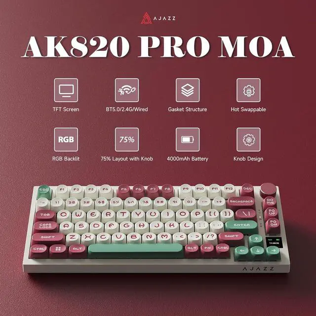 Alt view image 2 of 7 - AJAZZ AK820PRO 75% Hot Swap Gasket Mount Mechanical Keyboard with TFT Display Screen, 4000mAh BT/2.4G/Wired RGB South Facing LED, MOA Profile Keycaps & Knob Control Flying Fish Switch